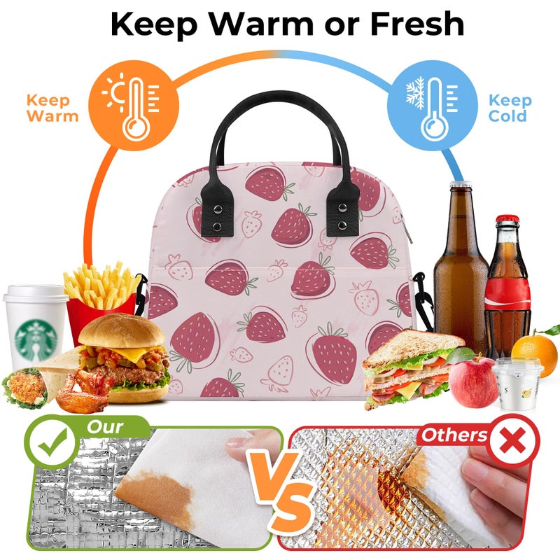 Clastyle Summer Women Lunch Box Bag Leaf Large Camping Adult Lunch Tote Insulated Cooler Bag for Office Work Picnic,Pink Strawberry - Image 3