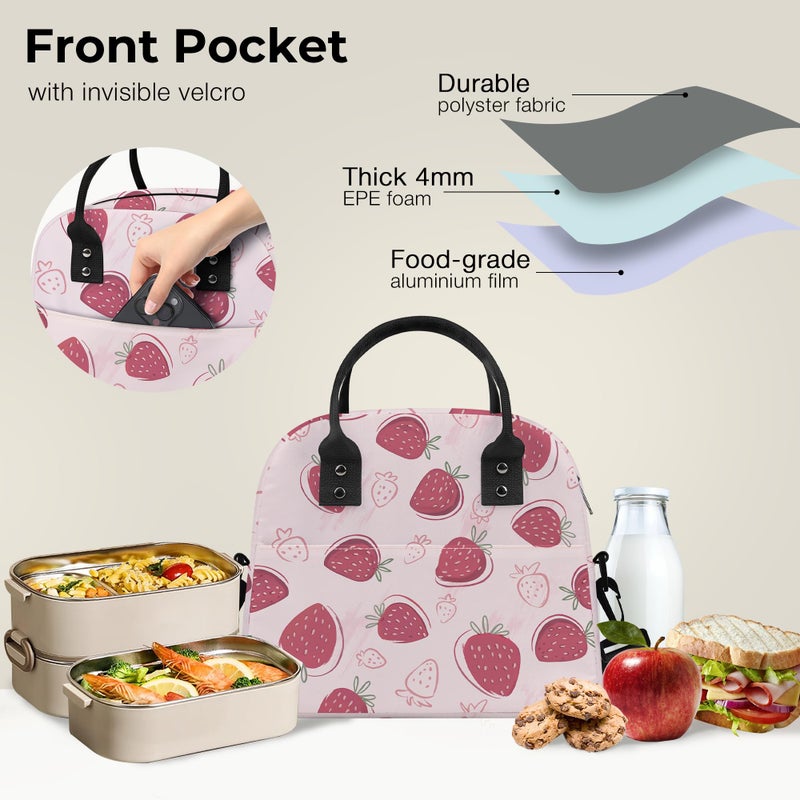 Clastyle Summer Women Lunch Box Bag Leaf Large Camping Adult Lunch Tote Insulated Cooler Bag for Office Work Picnic,Pink Strawberry - Image 5