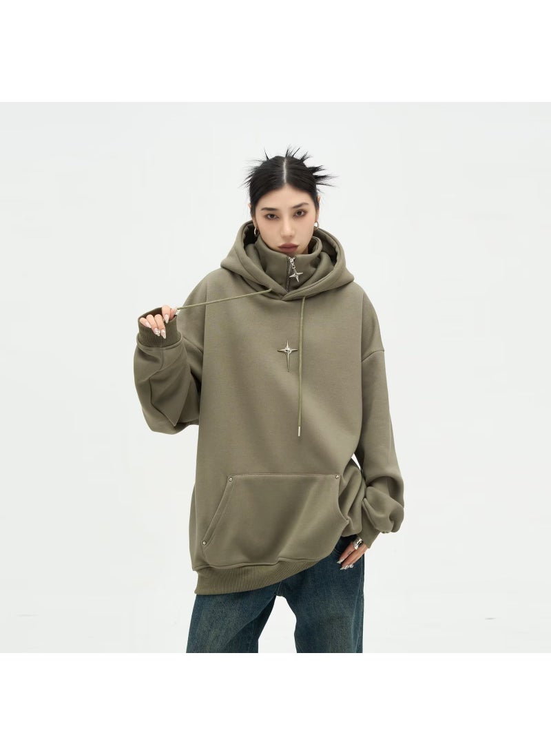 Generic Chic Turtleneck Hoodie Women Autumn Half-Zip Pullover green brown 
