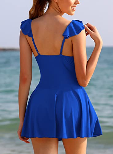 SHEKINI Women's One Piece Ruffle Swimsuit Tie Knot Front Ruched Vintage Swimdress (Jewelry Blue, Small) - Image 3