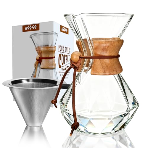 AGOGO Pour Over Coffee Maker Glass Barista Kit with 304 Stainless Filter for Home Office Camping Cafes Easy Clean Coffee Dripper Set Soft TowelBrush 28oz Diamond Design wSS Filter - Image 1