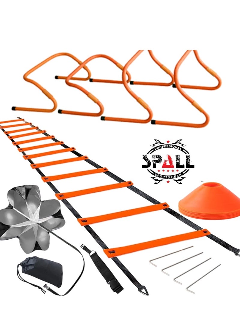 Spall Speed & Agility Training Set Includes Agility Ladder 6m, 5Pic Disc Cones,4Pic Hurdles 23cm Size and1 Running Parachute for Football Hockey Training Athletes - Image 1