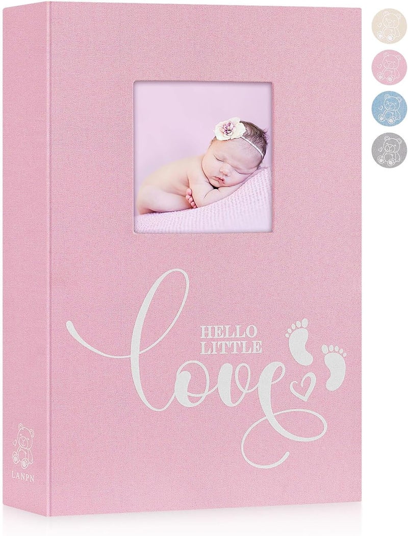 Lanpn Baby Photo Album 4x6 300 Pockets Linen Hardcover Newborn Memory Book with Memo Writing Area Bebe Photobook Slipin Picture Book Ultrasound Album Keepsake Gifts for Girl Baby Shower Pink - Image 1