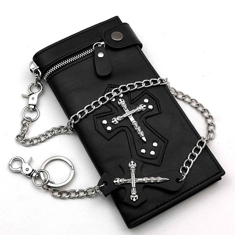 vogueteen Mens Gothic Skull Cross Leather Biker Punk Wallet with a Metal Long Chain Black - Image 2