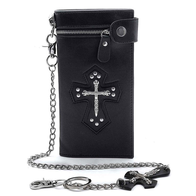 vogueteen Mens Gothic Skull Cross Leather Biker Punk Wallet with a Metal Long Chain Black - Image 1