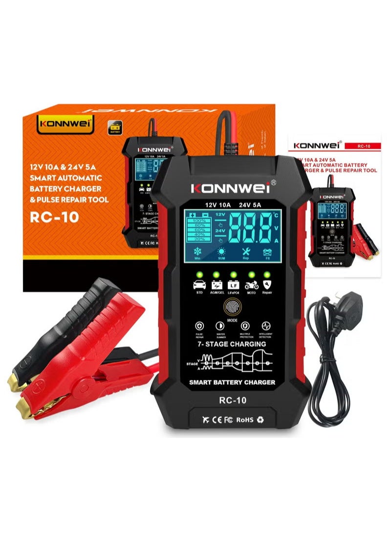 Konnwei 12V 10A 24V 5A Car Battery Charger, Smart Fully Automatic Battery Charger, Pulse Repairing, Battery Repair for Car Truck Motorcycle Lawn Mower Boat Marine Lead Acid Batteries Deep-Cycle Battery - Image 1
