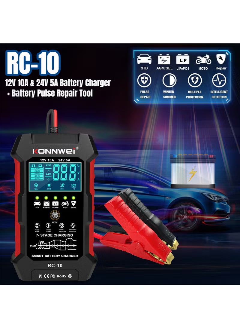 Konnwei 12V 10A 24V 5A Car Battery Charger, Smart Fully Automatic Battery Charger, Pulse Repairing, Battery Repair for Car Truck Motorcycle Lawn Mower Boat Marine Lead Acid Batteries Deep-Cycle Battery - Image 2