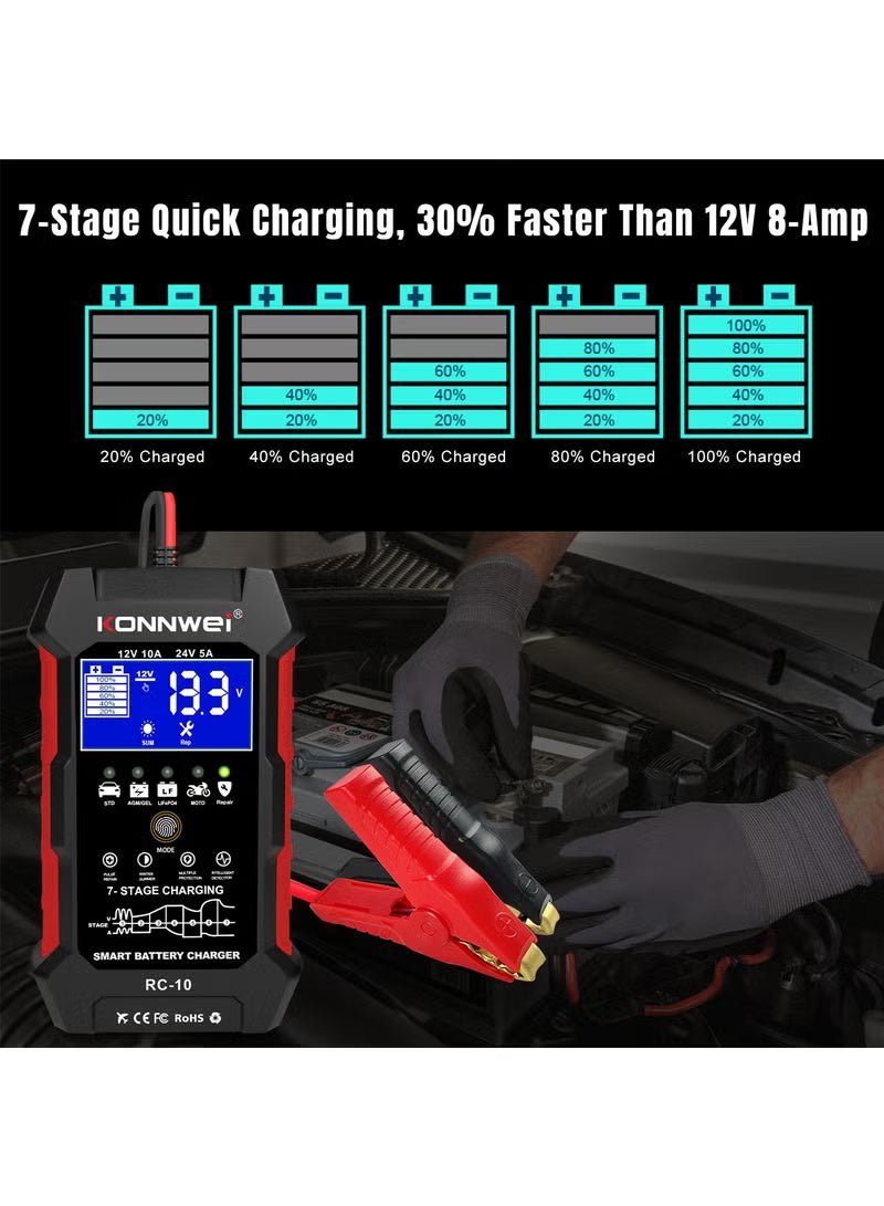 Konnwei 12V 10A 24V 5A Car Battery Charger, Smart Fully Automatic Battery Charger, Pulse Repairing, Battery Repair for Car Truck Motorcycle Lawn Mower Boat Marine Lead Acid Batteries Deep-Cycle Battery - Image 3