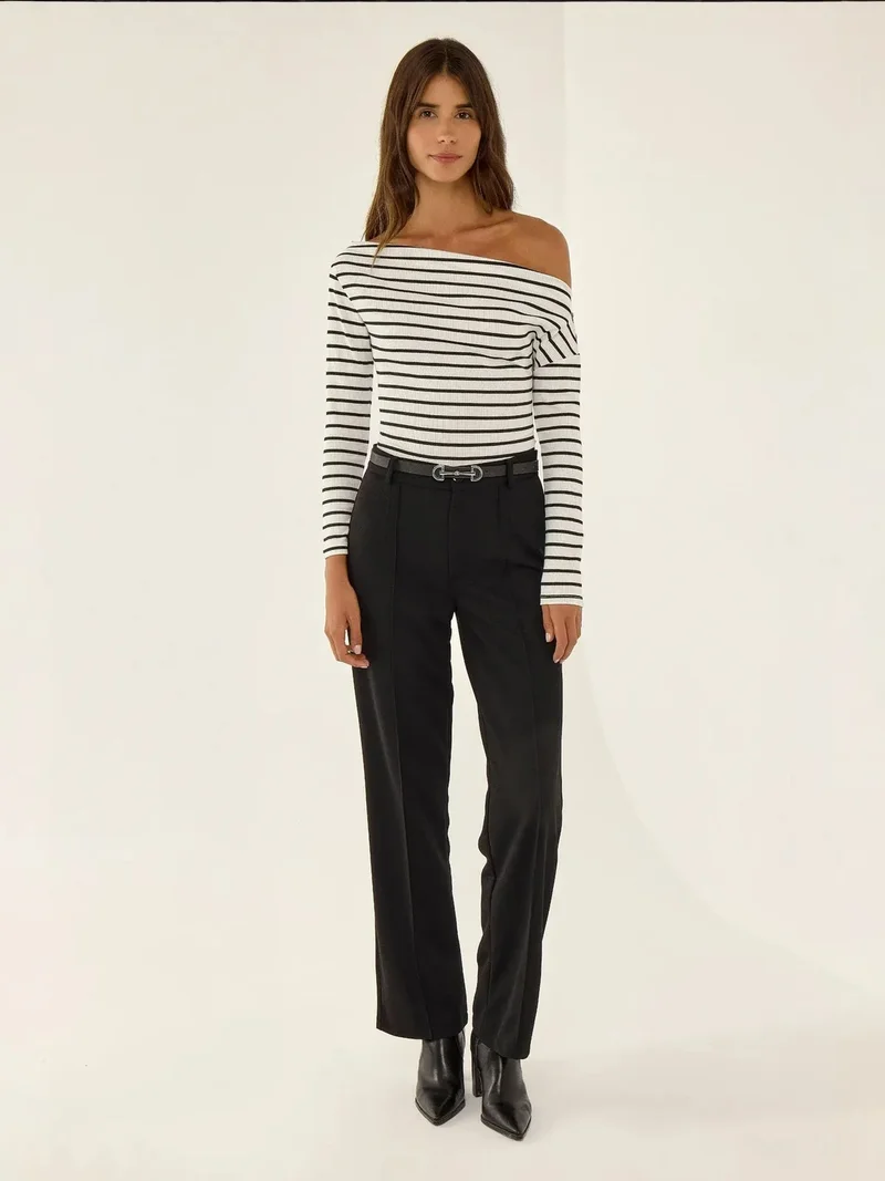 HICCUP Striped Carmen Collar Long Sleeve Top