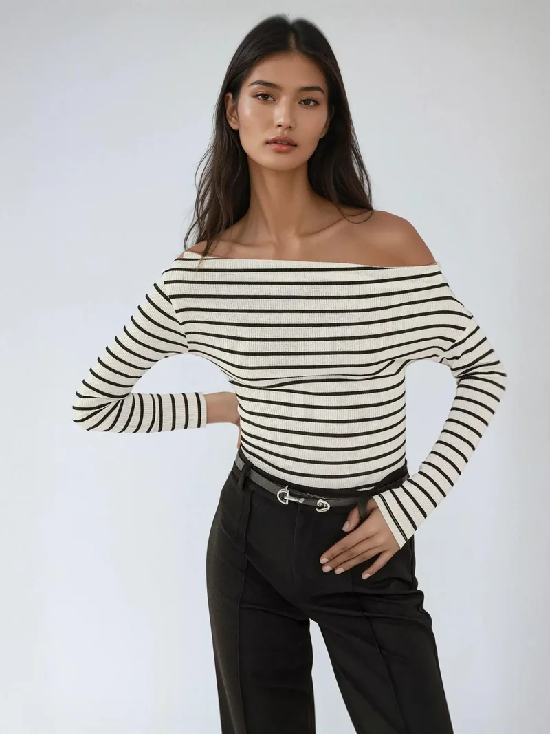 HICCUP Striped Carmen Collar Long Sleeve Top