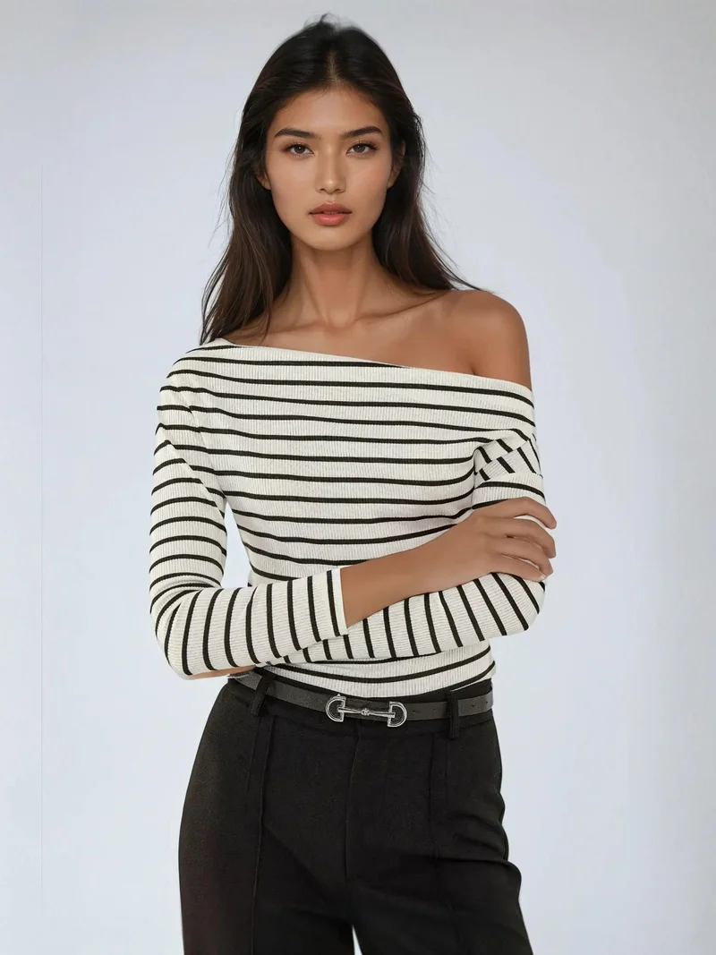 HICCUP Striped Carmen Collar Long Sleeve Top