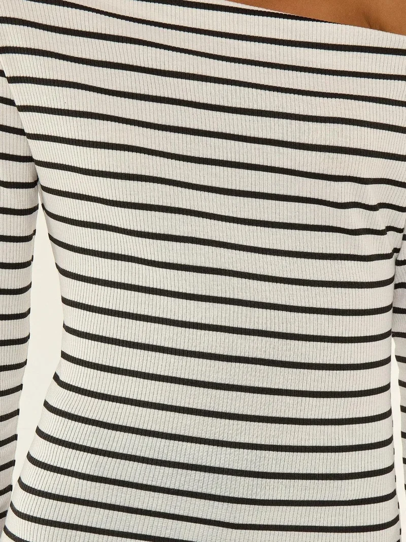 HICCUP Striped Off-Shoulder Long Sleeve Ribbed Knit Top