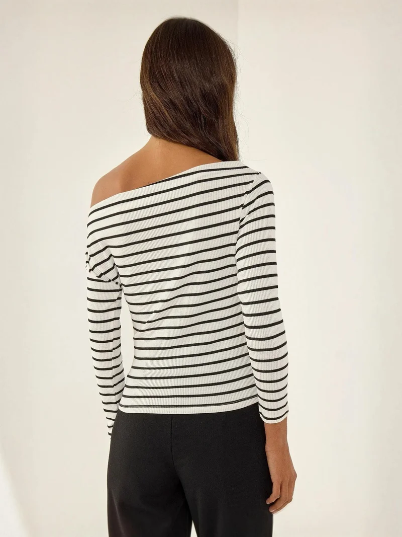 HICCUP Striped Off-Shoulder Long Sleeve Ribbed Knit Top
