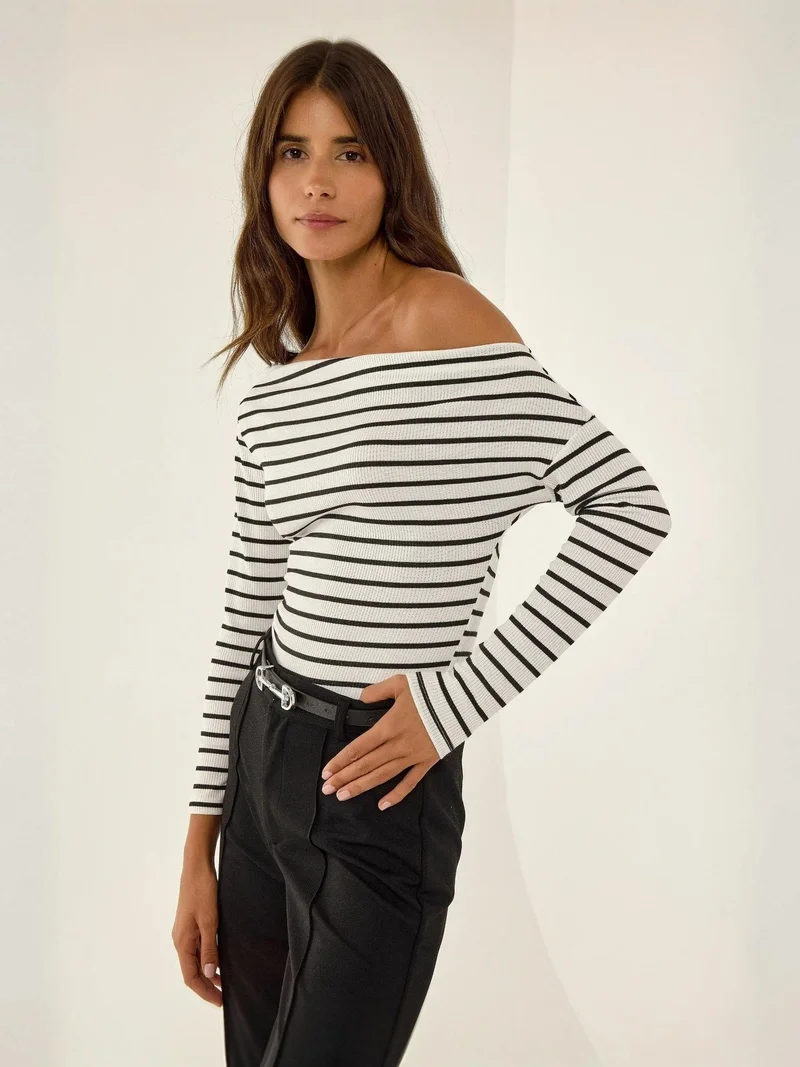 HICCUP Striped Off-Shoulder Long Sleeve Ribbed Knit Top