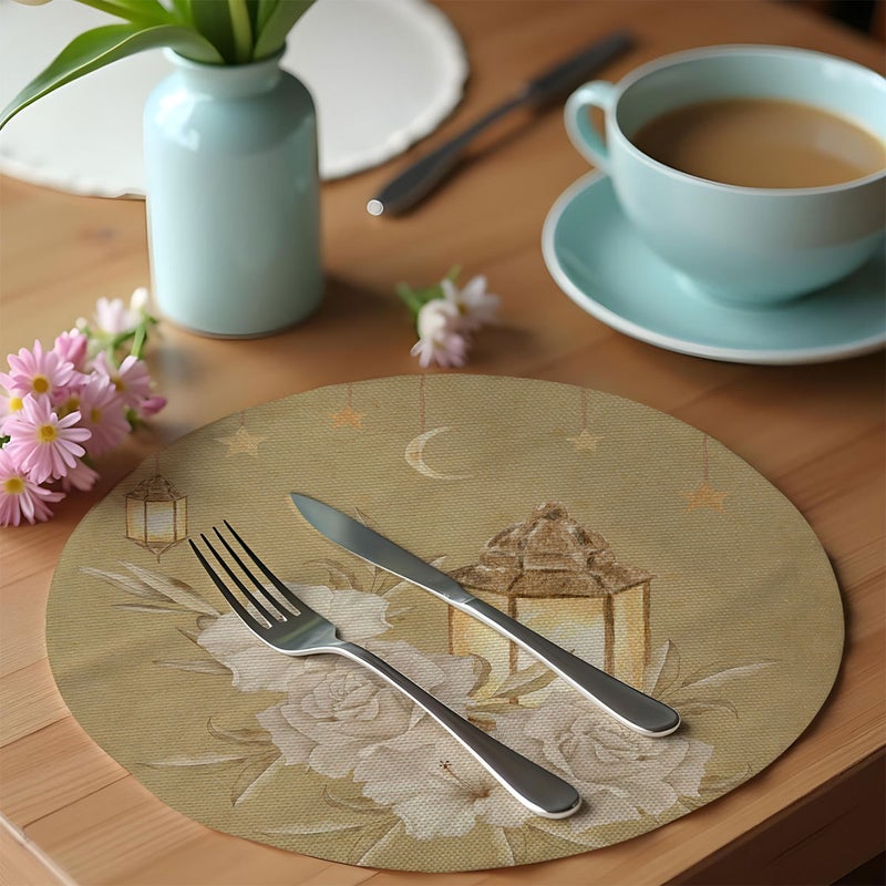 Islamic Moon Print Round Linen Placemats, Ramadan Eid Festival Table Decor Heat Resistant Mats, Durable Washable Dining Table Mats for Kitchen  Restaurant - Image 1
