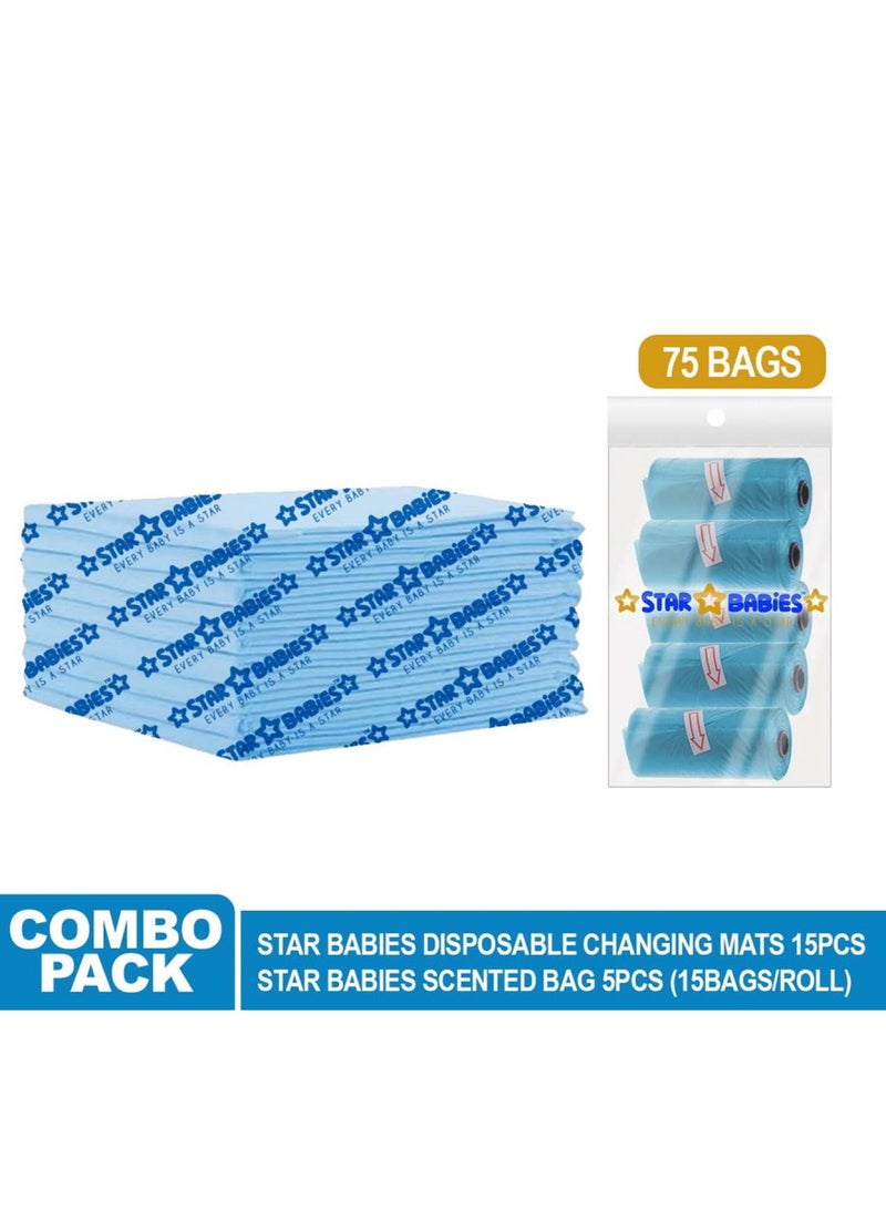 STAR BABiES Combo Packs Changing Mat 45 X 60Cm 15Pcs With Scented Bag Pack Of 5 75Bags -Blue  - Image 2