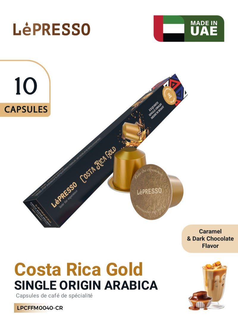 LePRESSO Aluminum Capsules for Nespresso Blended 10pc Costa Rica Gold Blend Caramel and Dark Chocolate /Roasted Ground Coffee Capsules / 100% Arabica Perfection / Aluminum Capsules / Medium Roast - Gold  - Image 1