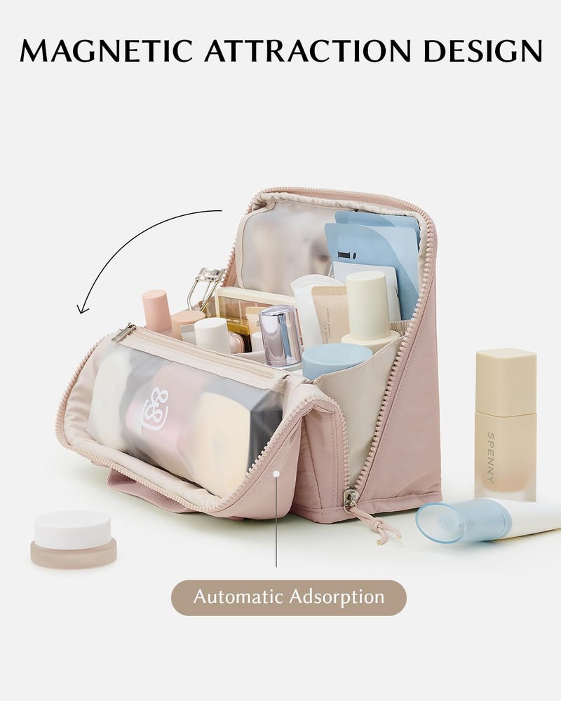 EACHY Standing Makeup Bag - Large Waterproof Cosmetic Bag & Toiletry Bag Organizer with Phone Holder, Detachable Dividers, Wipe-Clean Brush Pouch for Women - Image 3