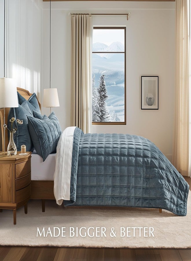 EVERGRACEHOME EVERGRACE 3 Pieces Luxurious Velvet Quilt King Size, Ultra Soft Bedspread Coverlet Set, Double Box Stitch Lightweight Velvet Comforter for All Season with 2 Shams, Stormy Blue, 108"x96" - Image 3