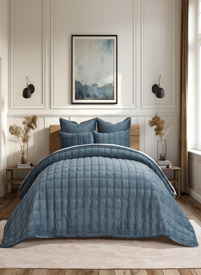 EVERGRACEHOME EVERGRACE 3 Pieces Luxurious Velvet Quilt King Size, Ultra Soft Bedspread Coverlet Set, Double Box Stitch Lightweight Velvet Comforter for All Season with 2 Shams, Stormy Blue, 108"x96" - Image 1