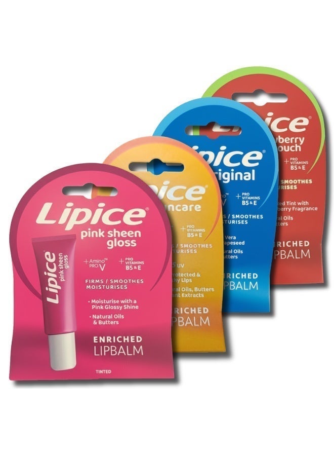 Lipice Ultimate Lip Care Collection - Pack of 4: Pink Sheen Gloss (10ml), Suncare SPF 25, Original Moisturizing, and Strawberry Touch (4.8g each) - Image 1