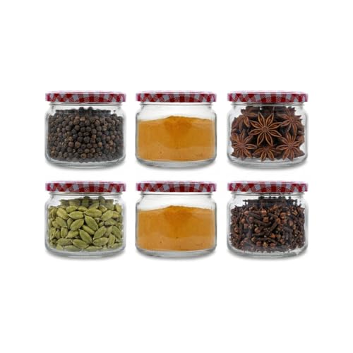CROCO JAR Crown Shape Glass Jars with Red Checks Airtight Lids | Premium Transparent Storage Containers for Kitchen, Spices, Pickles, Dry Fruits, Snacks & Pantry Organization | 250 ml | Set of 6 - Image 1
