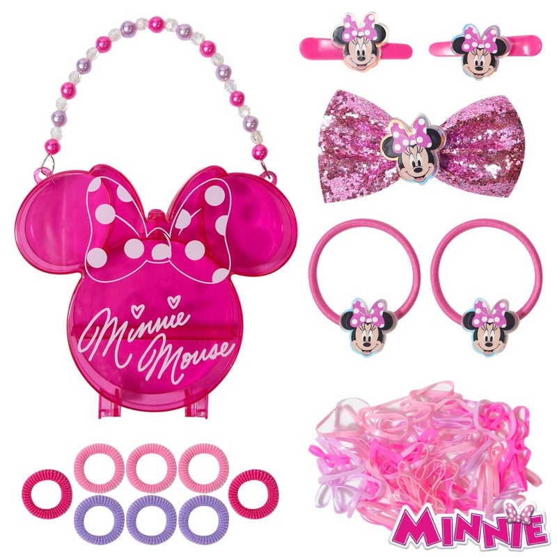 LUV HER Disney Minnie Mouse Hair Accessory Case for Girls with Clips Elastics Bows and Terry Ages 3