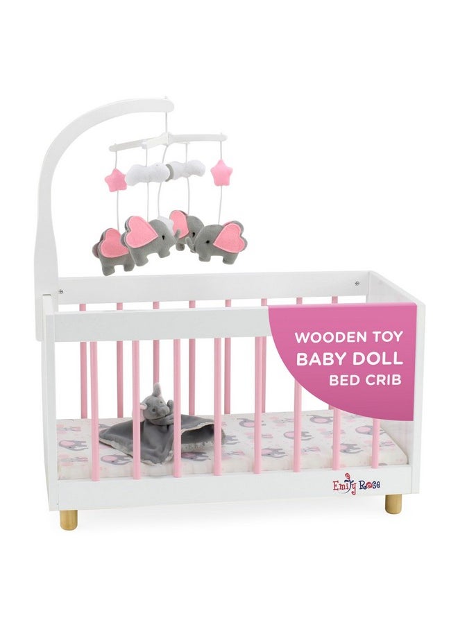 Emily Rose New Toy Wooden Baby Doll Bed Crib With Elephant Lovey And Matching Spinning Mobile - For Dolls Up To 20 Inches - White/Pink/Gray  - Image 1