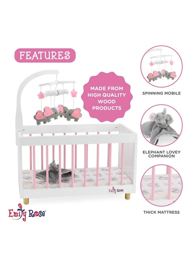 Emily Rose New Toy Wooden Baby Doll Bed Crib With Elephant Lovey And Matching Spinning Mobile - For Dolls Up To 20 Inches - White/Pink/Gray  - Image 3