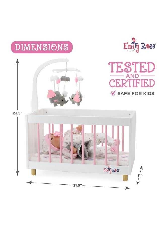 Emily Rose New Toy Wooden Baby Doll Bed Crib With Elephant Lovey And Matching Spinning Mobile - For Dolls Up To 20 Inches - White/Pink/Gray  - Image 5