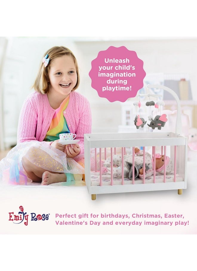 Emily Rose New Toy Wooden Baby Doll Bed Crib With Elephant Lovey And Matching Spinning Mobile - For Dolls Up To 20 Inches - White/Pink/Gray  - Image 2