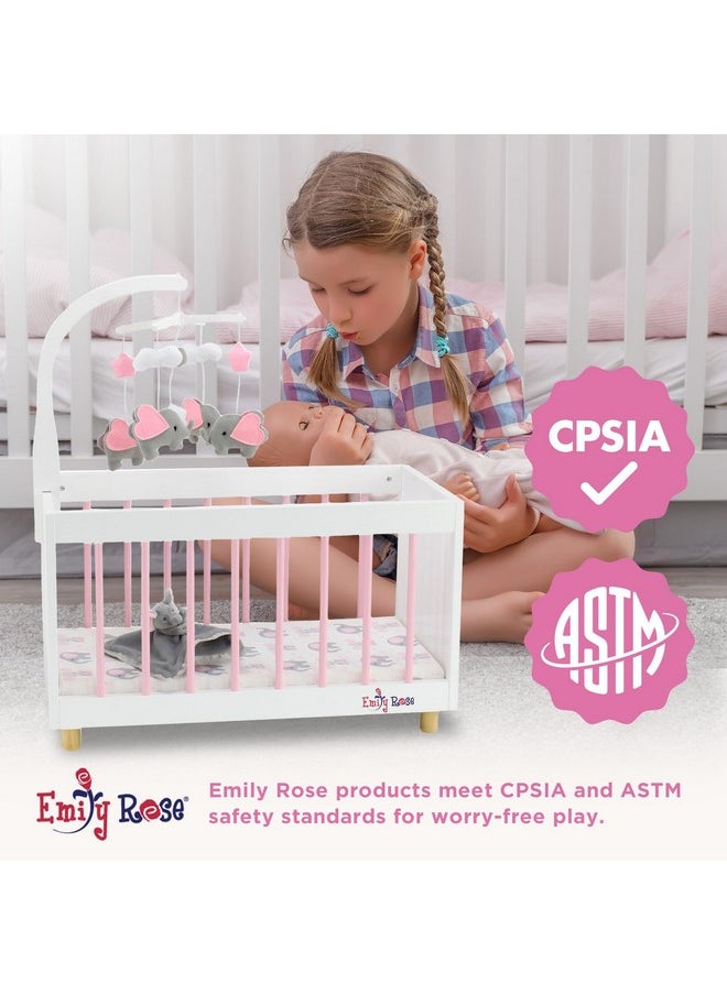 Emily Rose New Toy Wooden Baby Doll Bed Crib With Elephant Lovey And Matching Spinning Mobile - For Dolls Up To 20 Inches - White/Pink/Gray  - Image 4