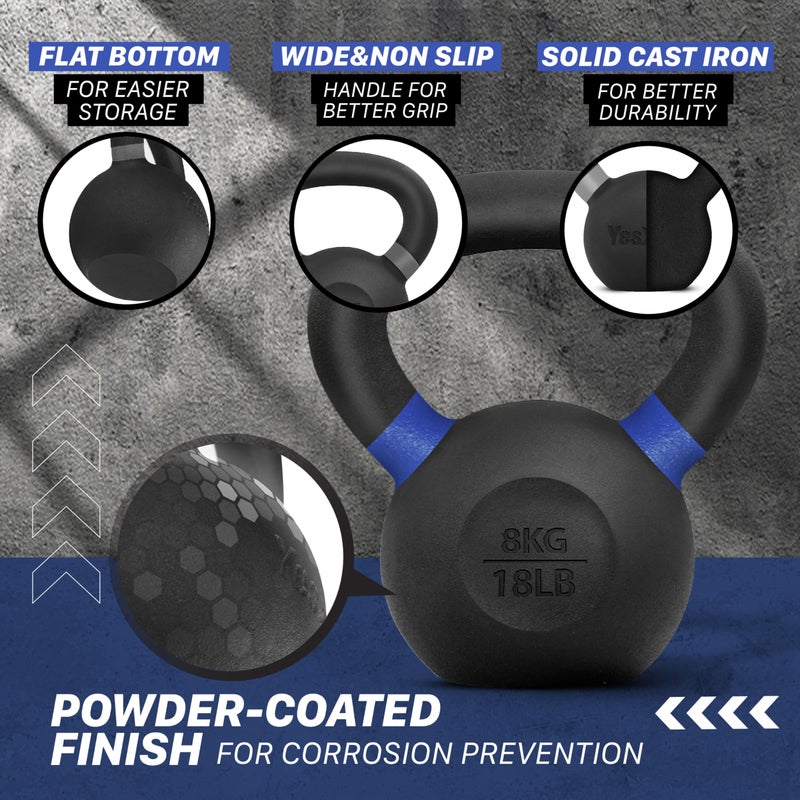 Yes4All Powder Coated Kettlebell, 18 lb Cast Iron Core Kettlebells with Non-Slip Handle & Flat Bottom for Conditioning, Heavy Duty for Strength Training - Single, Dark Blue - Image 3