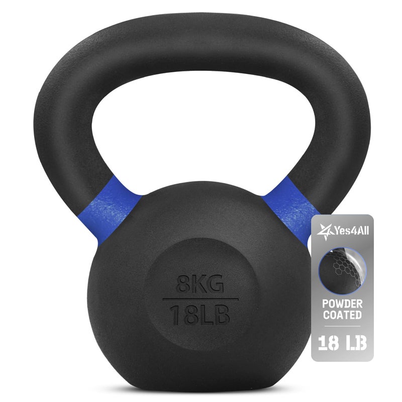 Yes4All Powder Coated Kettlebell, 18 lb Cast Iron Core Kettlebells with Non-Slip Handle & Flat Bottom for Conditioning, Heavy Duty for Strength Training - Single, Dark Blue - Image 1