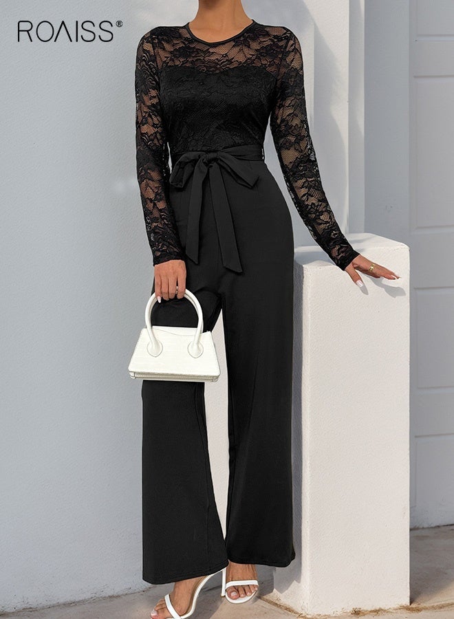 roaiss Women's Lace Panel Black Jumpsuit Lace Panel Long Sleeve top with Back Zipper And Modest Long Pants with Waistband Ladies Tailored Fit Stretch Fabric One-Piece Jumpsuit for Polished Sophisticated Look - Image 1