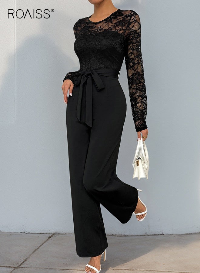 roaiss Women's Lace Panel Black Jumpsuit Lace Panel Long Sleeve top with Back Zipper And Modest Long Pants with Waistband Ladies Tailored Fit Stretch Fabric One-Piece Jumpsuit for Polished Sophisticated Look - Image 5