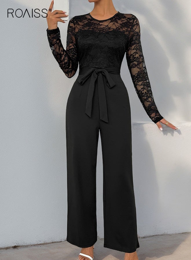 roaiss Women's Lace Panel Black Jumpsuit Lace Panel Long Sleeve top with Back Zipper And Modest Long Pants with Waistband Ladies Tailored Fit Stretch Fabric One-Piece Jumpsuit for Polished Sophisticated Look - Image 2