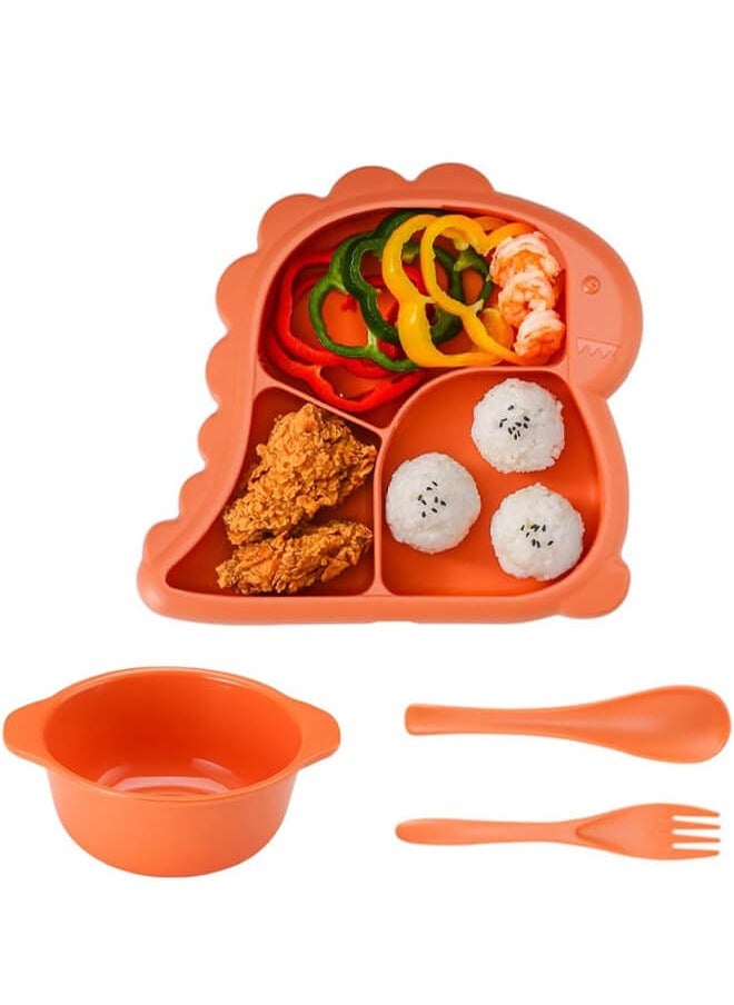 Riolio Linghe Children's Dinnerware Set, Children's Products, Lunch Plate, Baby Tableware, Divider, Bowl, Lightweight, Durable, Cute, Dinosaur, Microwave, Dishwasher, Boil Disinfection, OK (Orange)  - Image 1