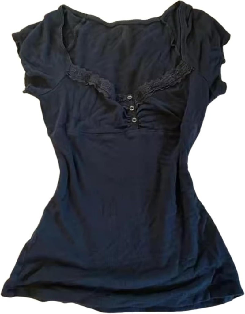 RICHTRUE Grunge Emo Goth Shirts Y2k Lace Bow Coquette Babydoll Top Women Vintage Graphic Tee 2000s Summer Crop Top (Navy White Lace,Medium) - Image 5