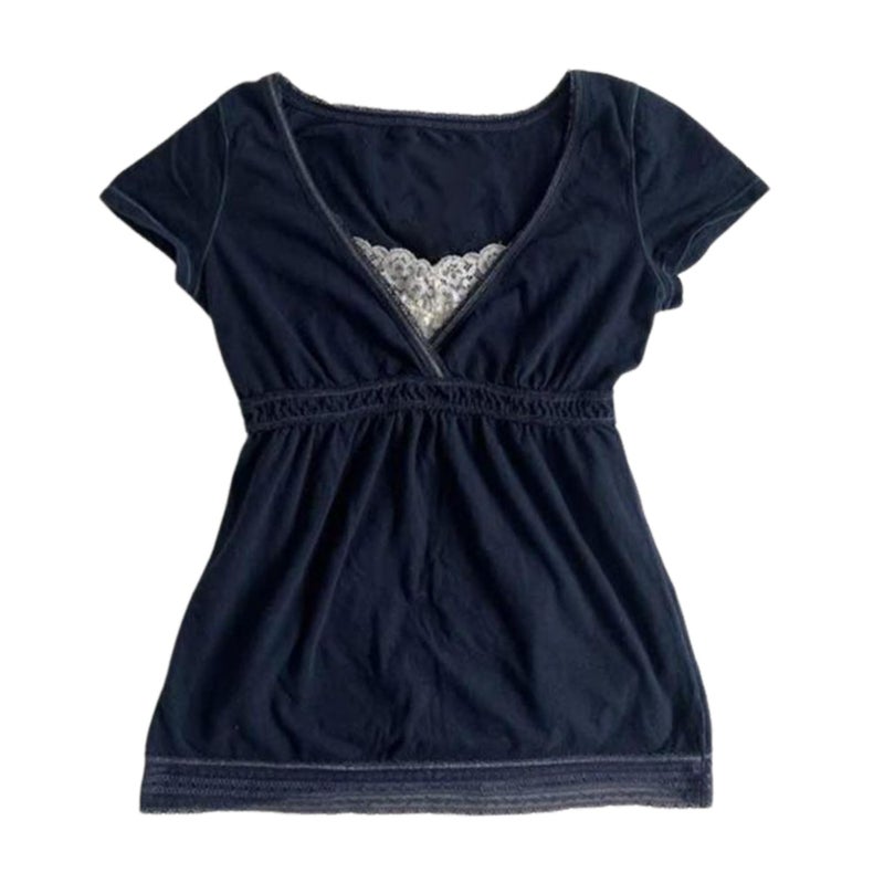 RICHTRUE Grunge Emo Goth Shirts Y2k Lace Bow Coquette Babydoll Top Women Vintage Graphic Tee 2000s Summer Crop Top (Navy White Lace,Medium) - Image 1