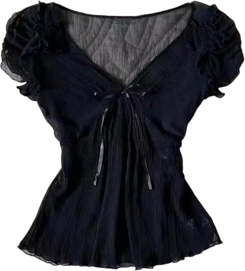 RICHTRUE Grunge Emo Goth Shirts Y2k Lace Bow Coquette Babydoll Top Women Vintage Graphic Tee 2000s Summer Crop Top (Navy White Lace,Medium) - Image 4