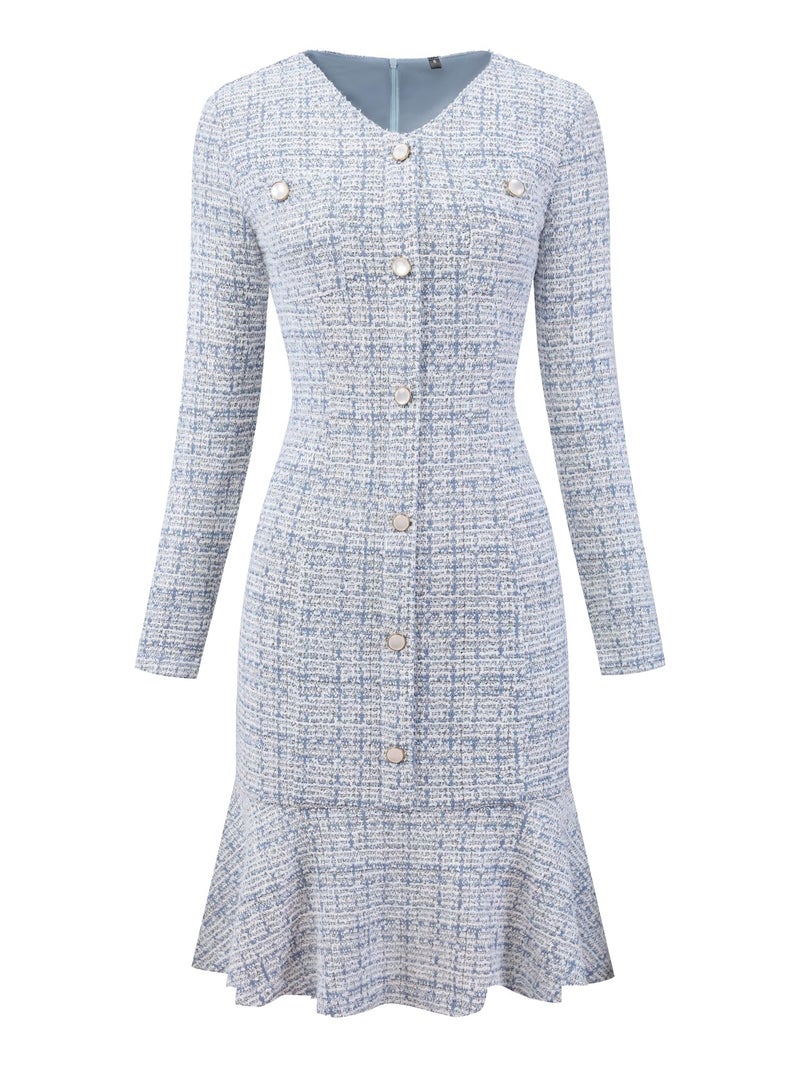 Hobemty Women's Tweed Dress 2025 Long Sleeve Wedding Cocktail Bodycon Fishtail Dresses Small Light Blue - Image 1
