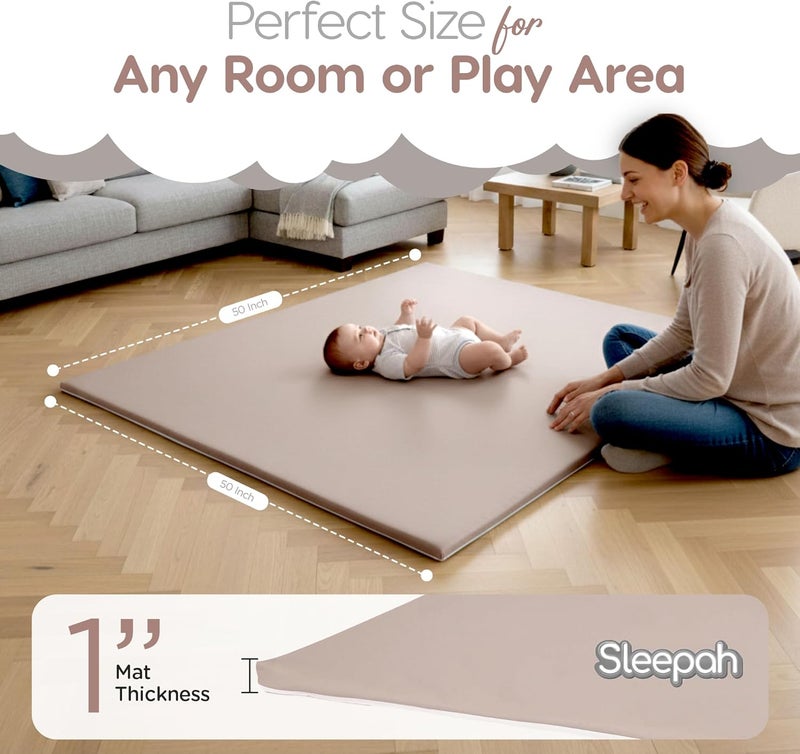 Sleepah Baby Play Mat for Floor (50" x 50") Waterproof Vegan Leather - Easy to Clean w Removable Cover - Mat for Tummy Time - Padded Thick 1.5" Foam Support Non-Slip Bottom for Infant Kids and Toddler (Tan) - Image 2