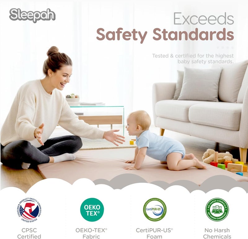 Sleepah Baby Play Mat for Floor (50" x 50") Waterproof Vegan Leather - Easy to Clean w Removable Cover - Mat for Tummy Time - Padded Thick 1.5" Foam Support Non-Slip Bottom for Infant Kids and Toddler (Tan) - Image 4