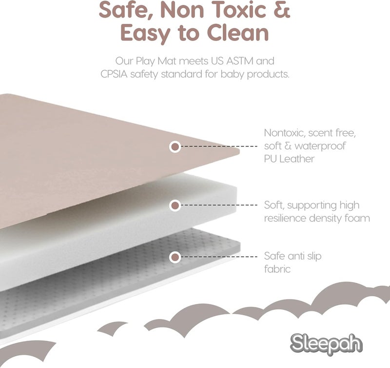 Sleepah Baby Play Mat for Floor (50" x 50") Waterproof Vegan Leather - Easy to Clean w Removable Cover - Mat for Tummy Time - Padded Thick 1.5" Foam Support Non-Slip Bottom for Infant Kids and Toddler (Tan) - Image 5
