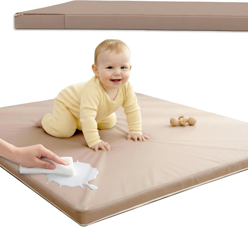 Sleepah Baby Play Mat for Floor (50" x 50") Waterproof Vegan Leather - Easy to Clean w Removable Cover - Mat for Tummy Time - Padded Thick 1.5" Foam Support Non-Slip Bottom for Infant Kids and Toddler (Tan) - Image 1