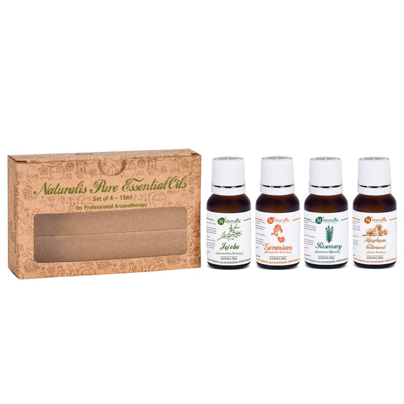 Naturalis 15ml Essential Oil Gift Pack Of 4 Multipurpose (Jojoba Oil, Geranium Oil, RosemaryOil, Cedarwood Oil) - Image 1