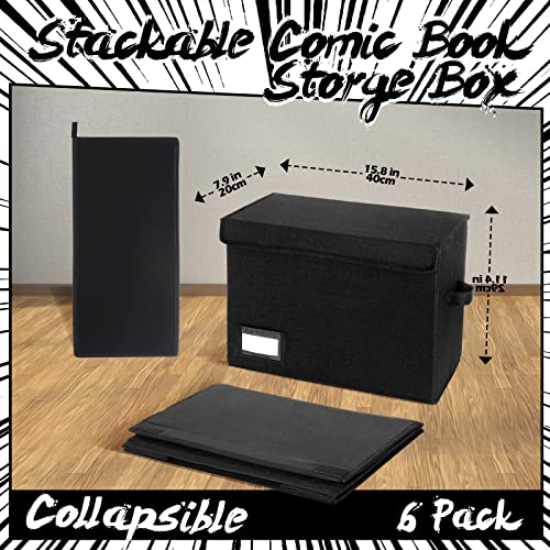 Chuangdi 6 Pcs Comic Book Storage Boxes, Back to School Collapsible Comic Short Box Case with Lid, 15.8 x 7.9 x 11.4 Inch Book Bin Container Holds 150 Comics(Black) - Image 2