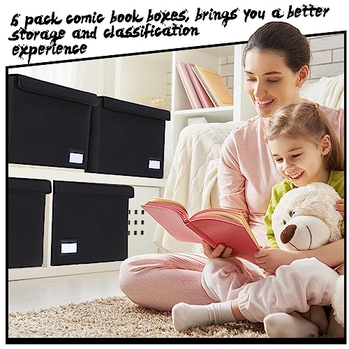 Chuangdi 6 Pcs Comic Book Storage Boxes, Back to School Collapsible Comic Short Box Case with Lid, 15.8 x 7.9 x 11.4 Inch Book Bin Container Holds 150 Comics(Black) - Image 5