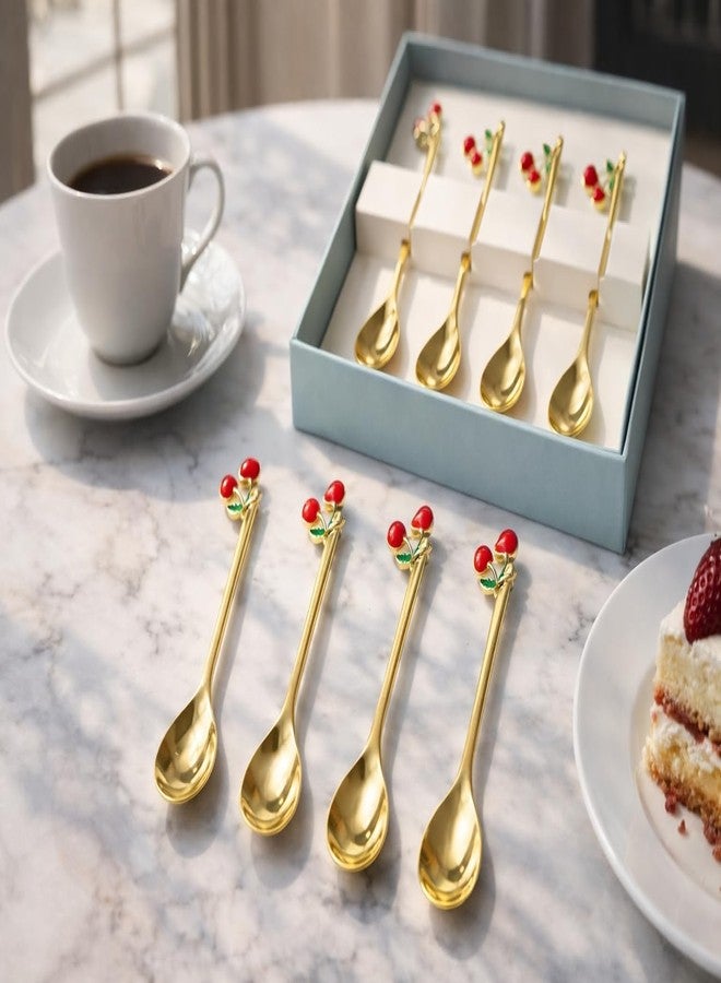 TeraaBliss 4PCS Premium Gold Plated Stainless Steel Spoon & Fork Set with Cute Fruit & Decorative Handles – Luxury Dessert Spoon Set with Gift Box for Kitchen, Kids & Gifting (Cherry) - Image 2